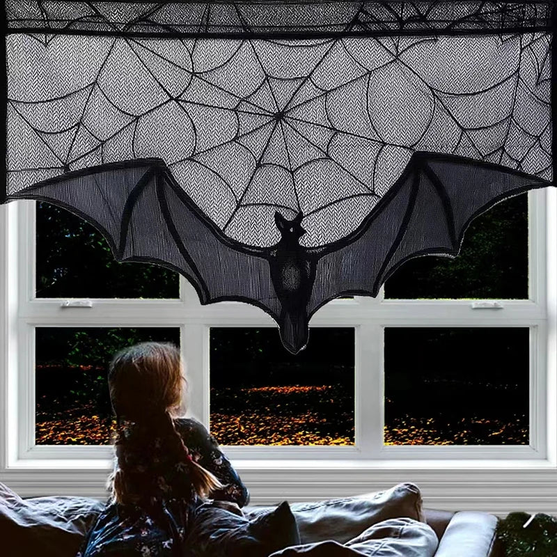 Halloween Lace Curtain Black Bat Spider