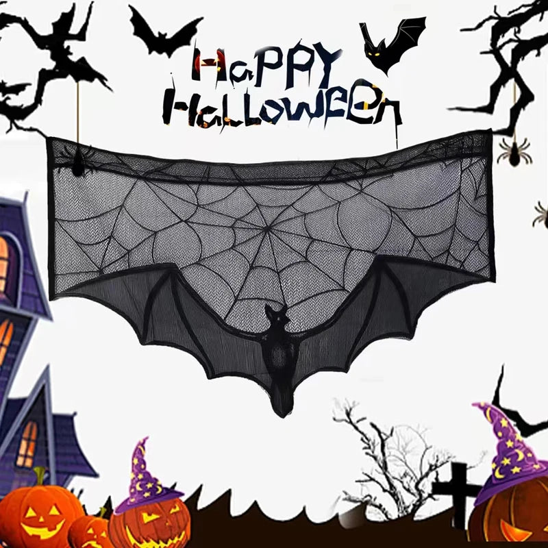 Halloween Lace Curtain Black Bat Spider